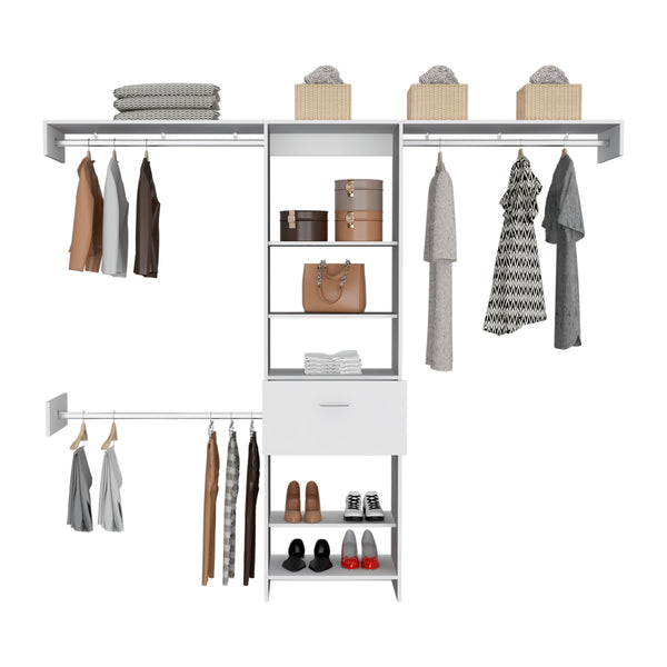 English Elm 250 Closet System British White Bedroom Organizer with Drawer, 3 Rods & 5 Shelves — Durable Particleboard B092S00028