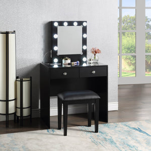 English Elm Black Makeup Vanity with 10 LED Lights, USB & Outlet, Matching Stool, 2 Drawers, Sleek Modern Glam Desk B011P146565
