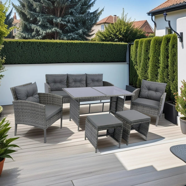 English Elm 6 Piece Patio Wicker Sectional Set with Space-Saving Nesting Design, Steel Frame, Tempered Glass Table and Weatherproof Cushions Grey W329S00042