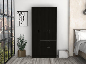English Elm Armoire Cobra Modern White & Black Bedroom Wardrobe with Hanging Rod, Drawer & Pull-Down Cabinet B092S00041