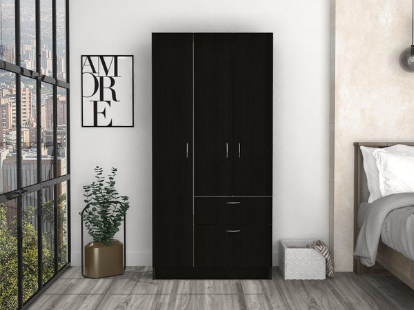 English Elm Armoire Cobra Modern White & Black Bedroom Wardrobe with Hanging Rod, Drawer & Pull-Down Cabinet B092S00041