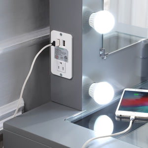 English Elm Gray Makeup Vanity and Stool Set with 10 LED Lights, USB & Outlet, Spacious Drawers, Modern Luxe Design B011P146566