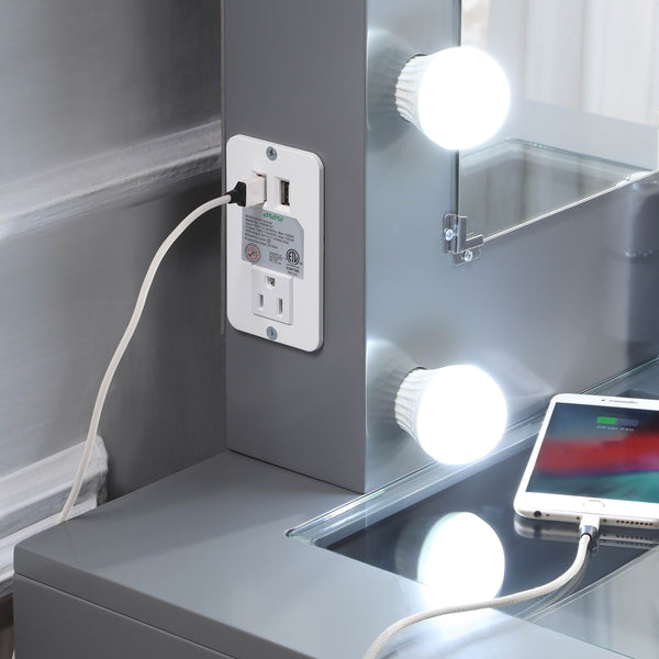 English Elm Gray Makeup Vanity and Stool Set with 10 LED Lights, USB & Outlet, Spacious Drawers, Modern Luxe Design B011P146566