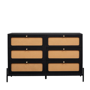 English Elm Rattan 6-Drawer Dresser with Rattan Doors & Gold Handles, Water-Resistant MDF, Spacious Storage W1321132577