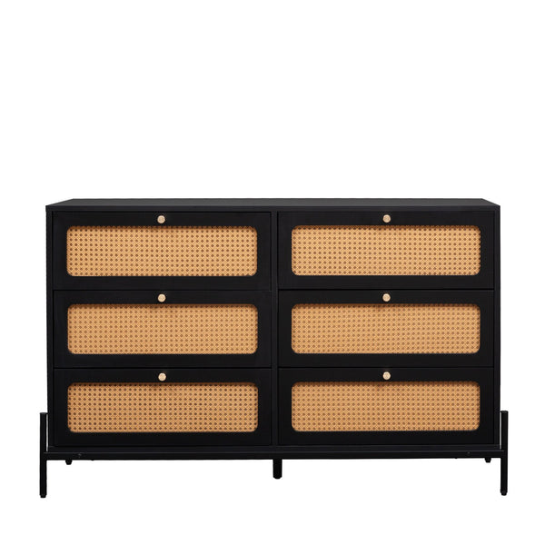 English Elm Rattan 6-Drawer Dresser with Rattan Doors & Gold Handles, Water-Resistant MDF, Spacious Storage W1321132577