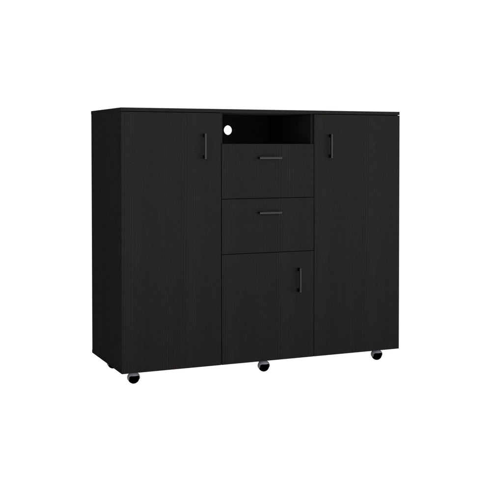 English Elm Double Door Cabinet Dresser Quizz Black - Sturdy Particle Board, 2 Drawers, Wenge Finish, Durable Design B092S00112