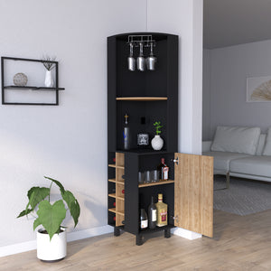 English Elm Corner Bar Cabinet Cleveland - Stylish Black/Pine Corner Wine Rack with Cup Holder, Shelves, Durable B092S00040