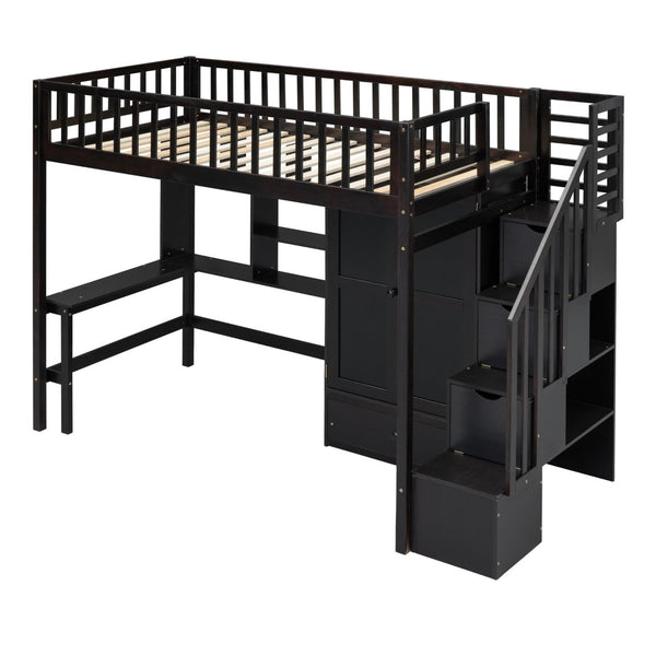 English Elm Twin Loft Bed with Integrated Desk Wardrobe Bookshelf and Storage for Kids Rooms Espresso LT100668AAP