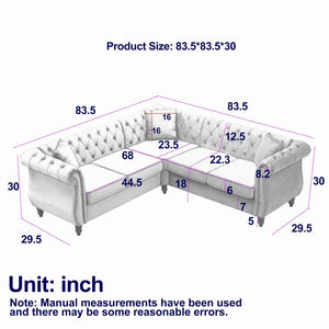 English Elm 83.5-inch L-shaped Sectional Sofa Five Seat Corner Couch with Chesterfield Inspired Style Gray W834S00602