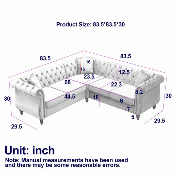 English Elm 83.5-inch L-shaped Sectional Sofa Five Seat Corner Couch with Chesterfield Inspired Style Gray W834S00602