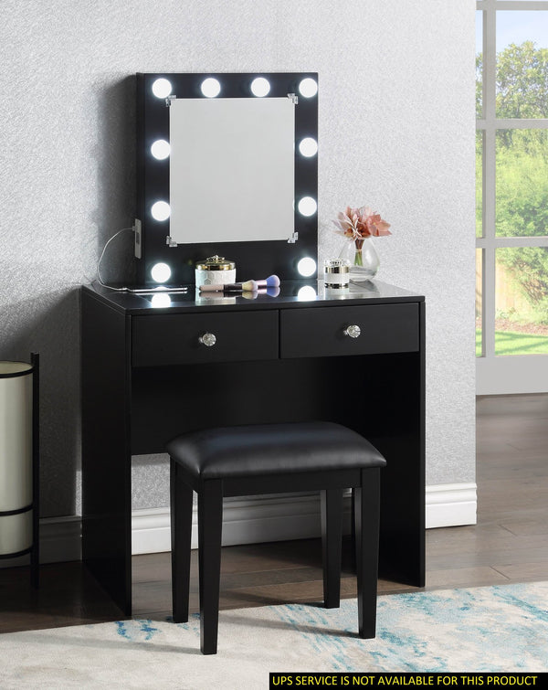 English Elm Black Makeup Vanity with 10 LED Lights, USB & Outlet, Matching Stool, 2 Drawers, Sleek Modern Glam Desk B011P146565