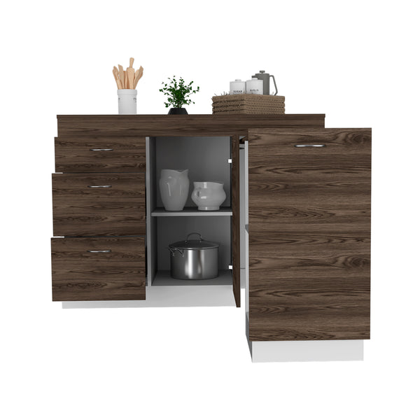 English Elm Kitchen Island Metask White & Dark Walnut with 3 Drawers, Flexible Cabinet, Durable Particleboard Countertop 90" B092S00080