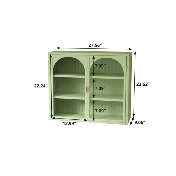 English Elm 27.56"Glass Modern Two-Door Wall Cabinet Green with Tempered Glass, Three-Tier Storage & Woven Detail W757135228