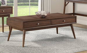 English Elm Retro Mid-Century Coffee Table with 2 Drawers, Walnut Veneer Brown Finish, Polished Nickel Knobs B011P146561