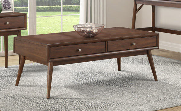 English Elm Retro Mid-Century Coffee Table with 2 Drawers, Walnut Veneer Brown Finish, Polished Nickel Knobs B011P146561