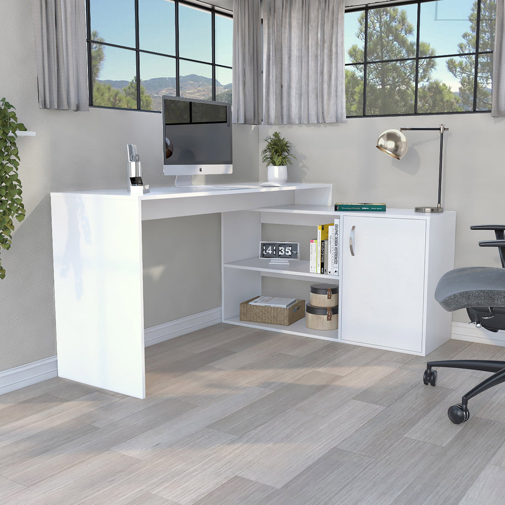 English Elm L-Shaped Desk Desti White Corner Office Workstation with Cabinet & Open Shelves, Durable Particleboard B092S00053