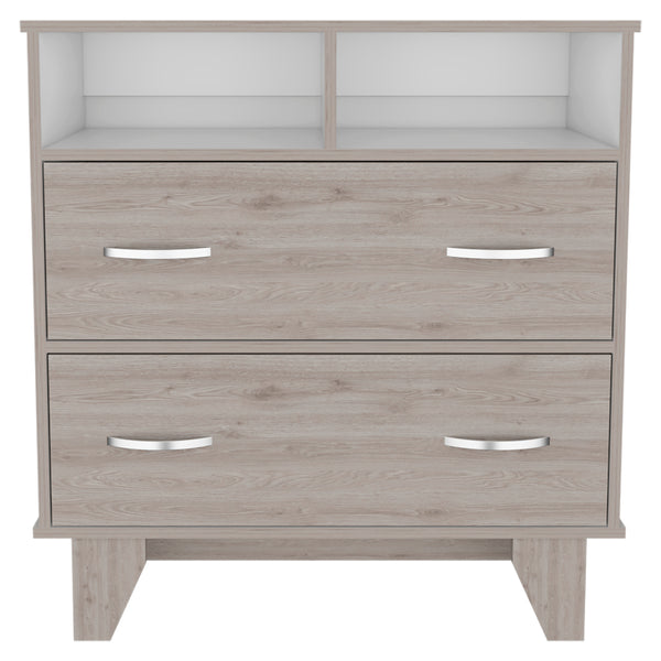 English Elm Double Double Drawer Dresser Arabi Light Gray/White - Durable Particle Board, Two Shelves & Drawers, Stylish Bedroom Storage B092S00008