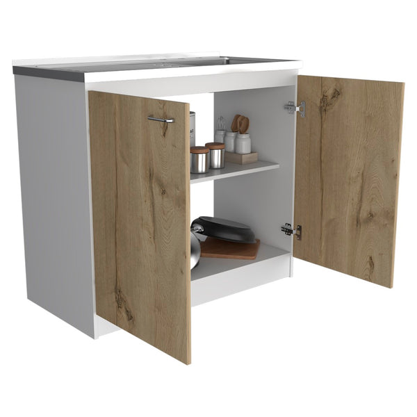 English Elm Utility Sink Cabinet Freestanding Stainless Steel Basin White Farmhouse Storage B092S00033