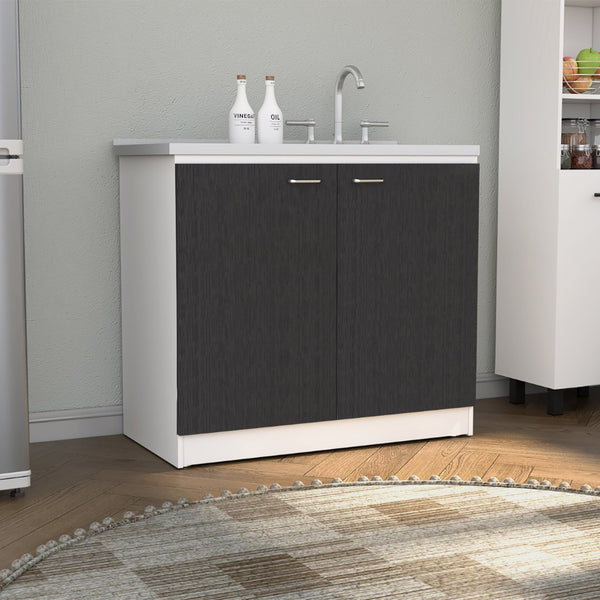 English Elm Utility Sink Cabinet Freestanding Stainless Steel Basin White Farmhouse Storage B092S00094