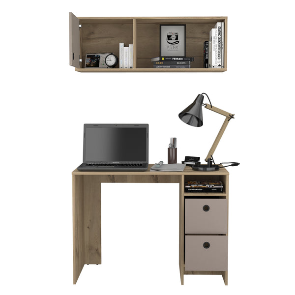 English Elm Office Budest 2-Piece Light Oak/Taupe Office Set with Desk, Wall Cabinet, Drawers & Shelf - Durable Design B092S00030