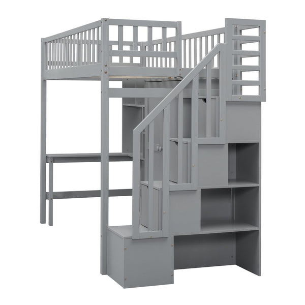 English Elm Twin Loft Bed with Integrated Desk Wardrobe Bookshelf and Storage for Kids Rooms Gray LT100668AAE