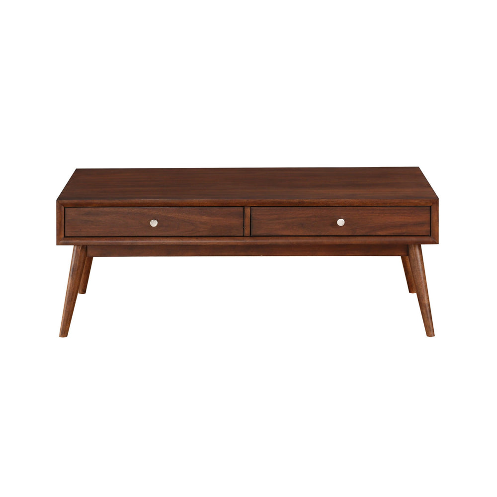 English Elm Retro Mid-Century Coffee Table with 2 Drawers, Walnut Veneer Brown Finish, Polished Nickel Knobs B011P146561