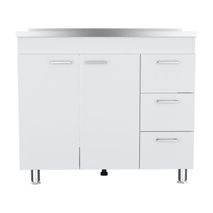 English Elm Utility Sink Cabinet Freestanding Stainless Steel Basin White Farmhouse Storage B092S00066