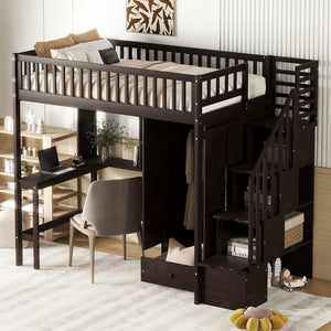English Elm Twin Loft Bed with Integrated Desk Wardrobe Bookshelf and Storage for Kids Rooms Espresso LT100668AAP
