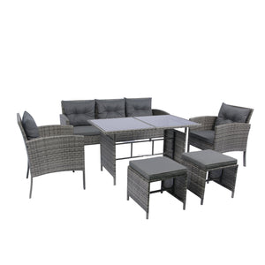English Elm 6 Piece Patio Wicker Sectional Set with Space-Saving Nesting Design, Steel Frame, Tempered Glass Table and Weatherproof Cushions Grey W329S00042