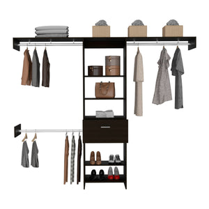 English Elm 250 Closet System British Black - Durable Particle Board Wardrobe with 1 Drawer, 3 Rods, 5 Shelves, 99.7" Top B092S00024
