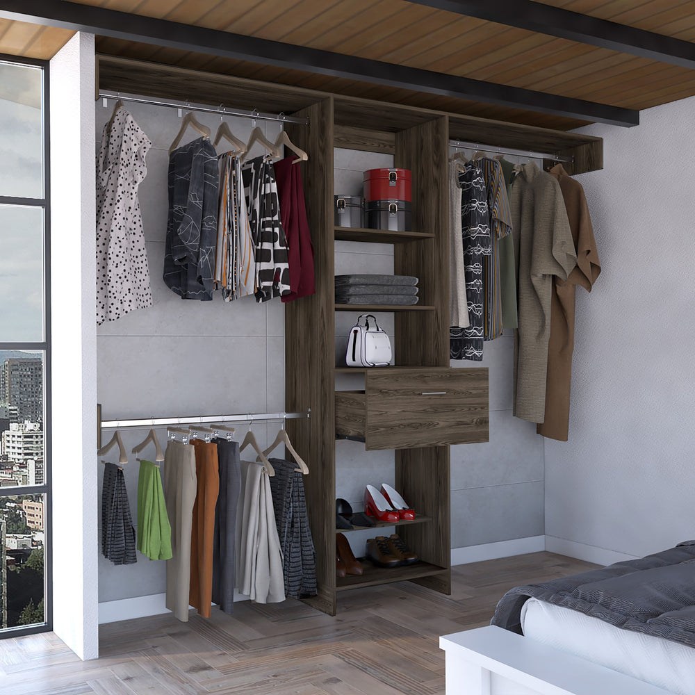 English Elm 250 Closet System British Dark Walnut Bedroom Organizer – 5 Shelves, 1 Drawer, 3 Rods, Durable 99.7" Top Finish B092S00026