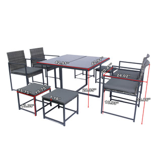 English Elm 9 Patio Dining Set - Space-Saving Rattan Outdoor 9-Piece with Glass Top, Grey Wicker & Cushions W329S00041