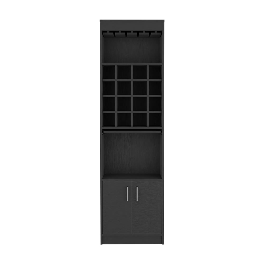 English Elm Bar Cabinet Modoc Black — Tall 71.1" Living Room Bar with 12-Glass Rack, 16 Cubbies & Prep Tray B092S00084