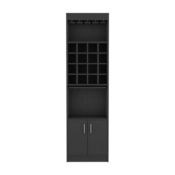 English Elm Bar Cabinet Modoc Black — Tall 71.1" Living Room Bar with 12-Glass Rack, 16 Cubbies & Prep Tray B092S00084