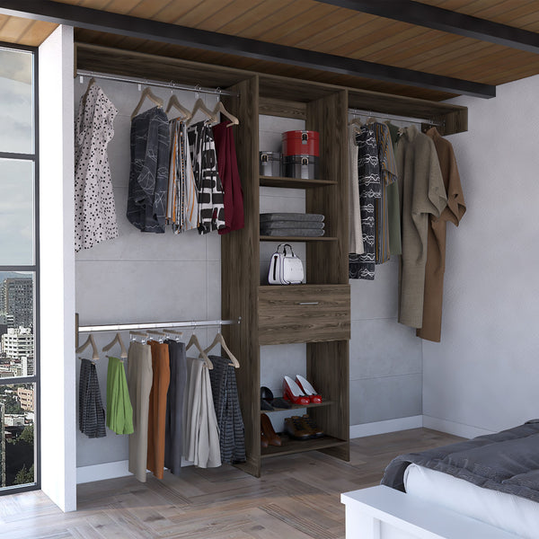 English Elm 250 Closet System British Dark Walnut Bedroom Organizer – 5 Shelves, 1 Drawer, 3 Rods, Durable 99.7" Top Finish B092S00026