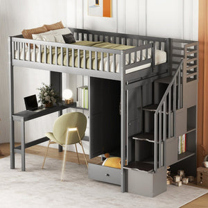 English Elm Twin Loft Bed with Integrated Desk Wardrobe Bookshelf and Storage for Kids Rooms Gray LT100668AAE