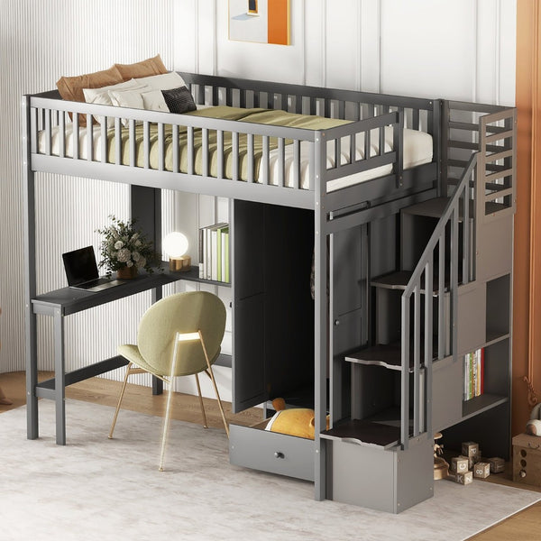 English Elm Twin Loft Bed with Integrated Desk Wardrobe Bookshelf and Storage for Kids Rooms Gray LT100668AAE