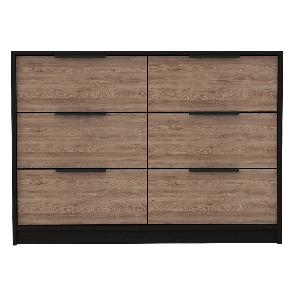 English Elm 4 Drawer Double Dresser Maryland Multicolor - Modern Black & Pine Finish, 4 Drawers + 2 Cabinets, Durable Particleboard B092S00076
