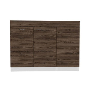 English Elm Kitchen Island Metask White & Dark Walnut with 3 Drawers, Flexible Cabinet, Durable Particleboard Countertop 90" B092S00080