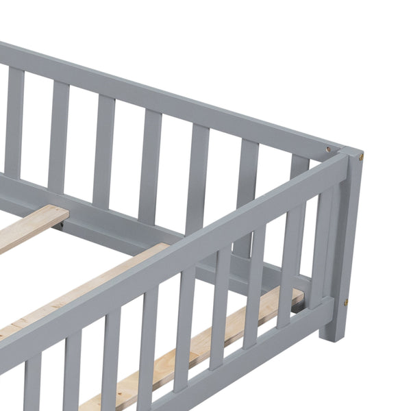 English Elm Full Full Size Floor Platform Bed with Safety Fence and Door, Montessori Toddler Frame with Slats, Sturdy Pine Construction for Secure Sleep and Playtime Grey 77.76 L x 17.52 W x 6.3 H W1716132148