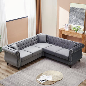English Elm 83.5-inch L-shaped Sectional Sofa Five Seat Corner Couch with Chesterfield Inspired Style Gray W834S00602