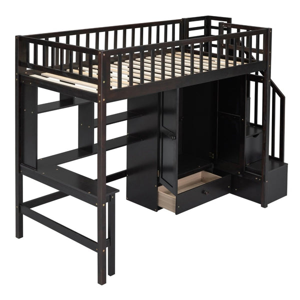 English Elm Twin Loft Bed with Integrated Desk Wardrobe Bookshelf and Storage for Kids Rooms Espresso LT100668AAP