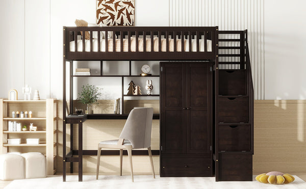 English Elm Twin Loft Bed with Integrated Desk Wardrobe Bookshelf and Storage for Kids Rooms Espresso LT100668AAP
