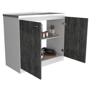 English Elm Utility Sink Cabinet Freestanding Stainless Steel Basin White Farmhouse Storage B092S00032