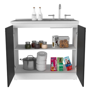 English Elm Utility Sink Cabinet Freestanding Stainless Steel Basin White Farmhouse Storage B092S00094
