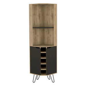 English Elm Corner Bar Cabinet Leverkusen Aged Oak/Black - Corner Wine Storage with Six Cubbies, Cup Rack & Shelves Durable Design (41x22") B092S00069