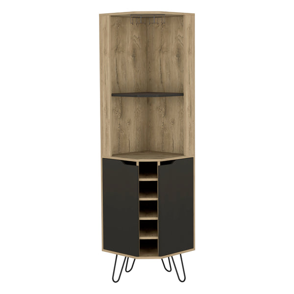 English Elm Corner Bar Cabinet Leverkusen Aged Oak/Black - Corner Wine Storage with Six Cubbies, Cup Rack & Shelves Durable Design (41x22") B092S00069