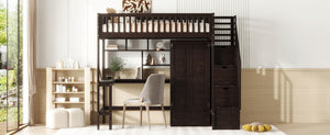 English Elm Twin Loft Bed with Integrated Desk Wardrobe Bookshelf and Storage for Kids Rooms Espresso LT100668AAP
