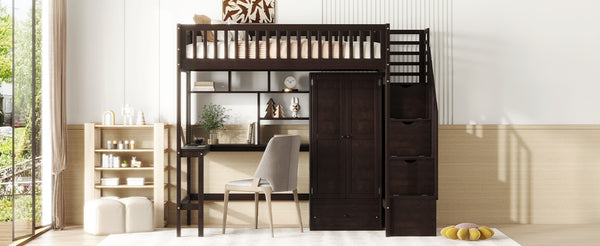 English Elm Twin Loft Bed with Integrated Desk Wardrobe Bookshelf and Storage for Kids Rooms Espresso LT100668AAP