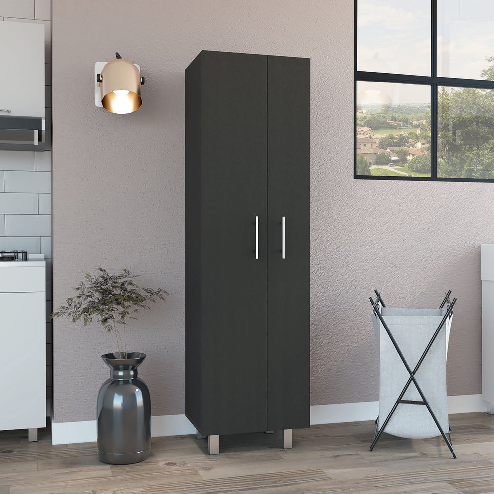 English Elm Closet Copenhague Tall Pantry Cabinet White & Black – 71.3" Cleaning Organizer with 5 Shelves and Mop Slot B092S00042